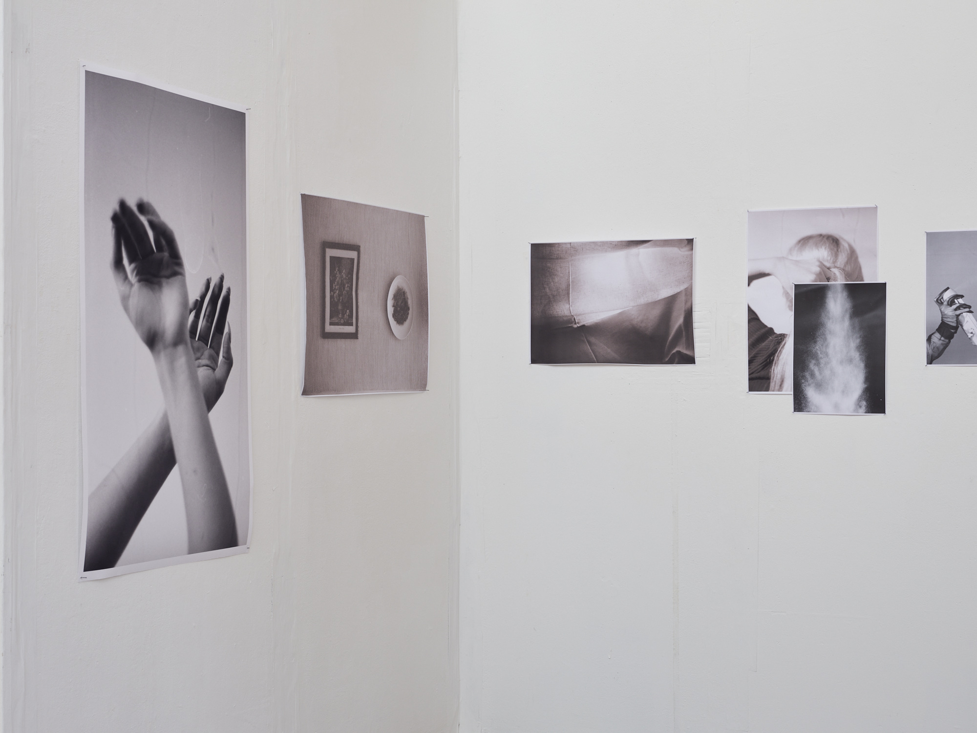 Photograph of a gallery exhibition of a series of black and white photographs at different scales on a white wall. From left to right the photographs show hands, a plate of food next to a photograph, an abstract image, the back of a head with an abstract image layered over the top.