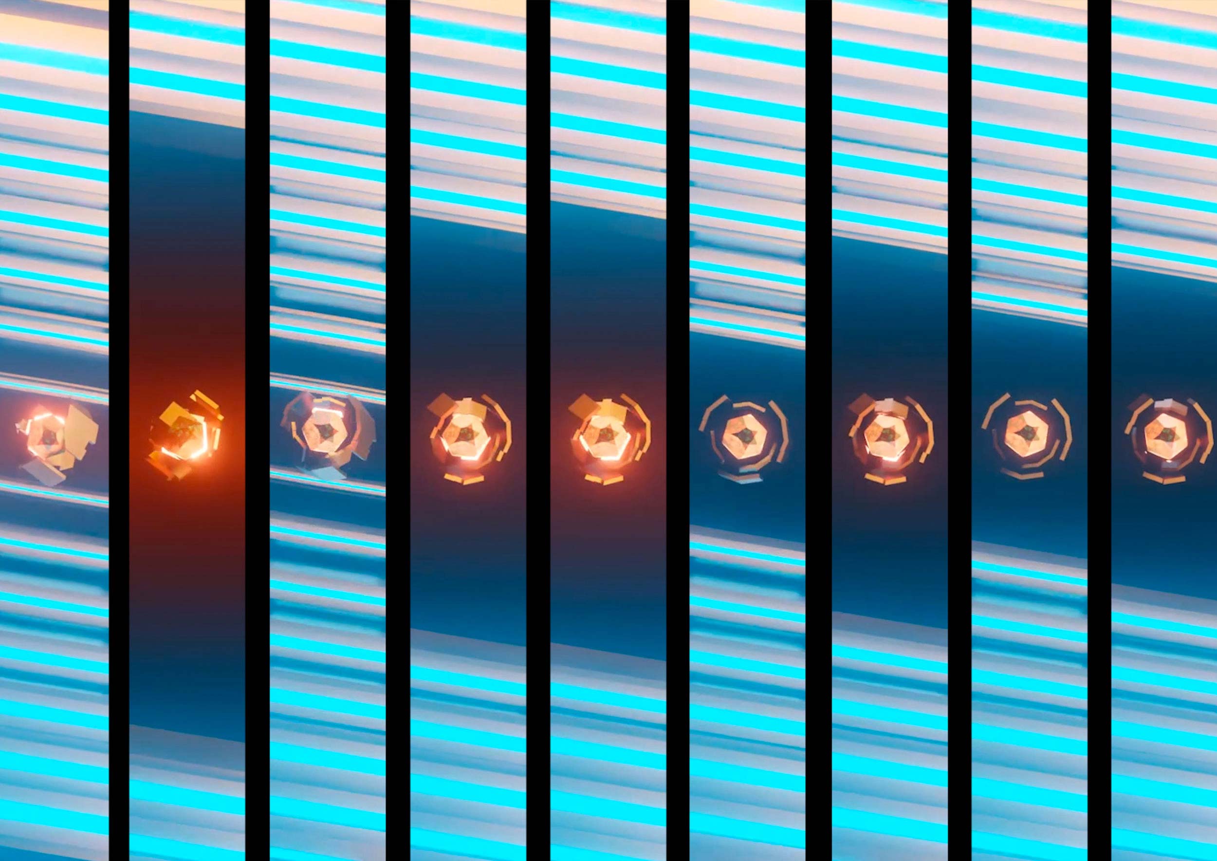 The digitally rendered image is divided into 9 vertical columns. Each column has a copper coloured circular shape. There are a series of blue hormonal stripes in each of the vertical columns.