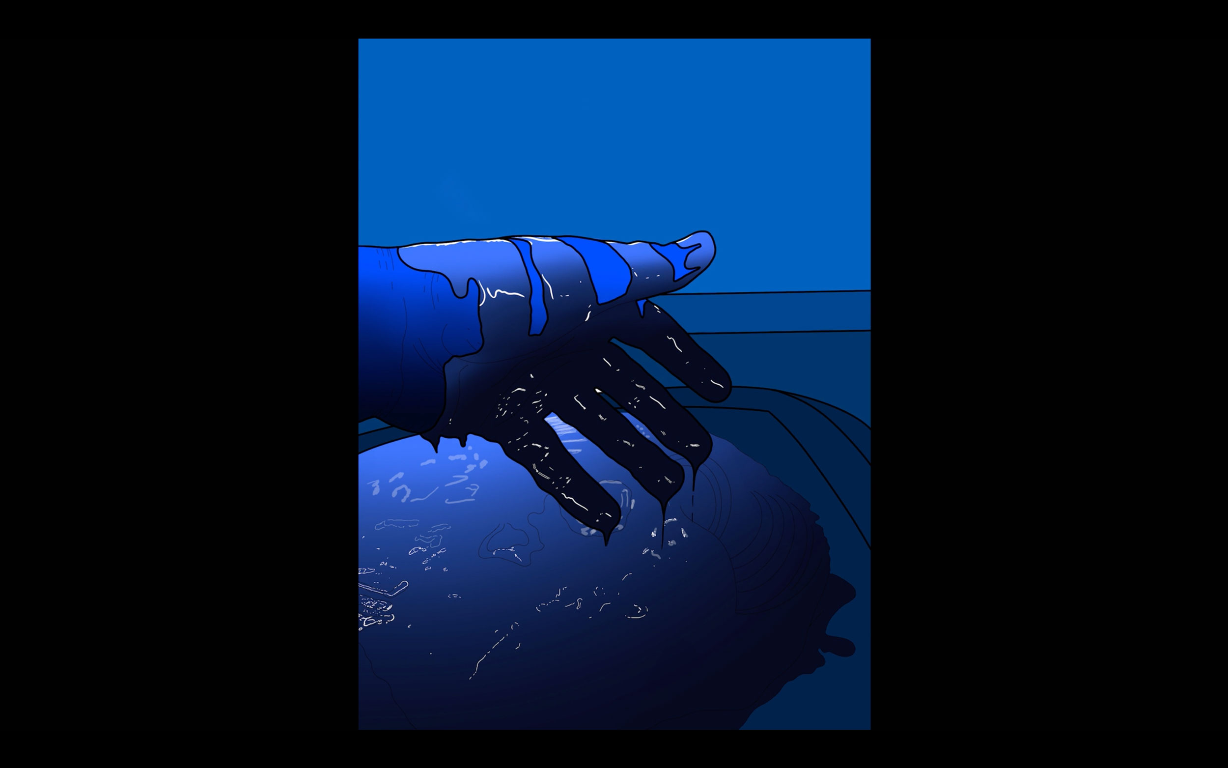 A digital illustration of a blue hand on a blue background. The hand has a liquid substance dripping from the fingers into a puddle. The image is a portrait format and framed with a black background.