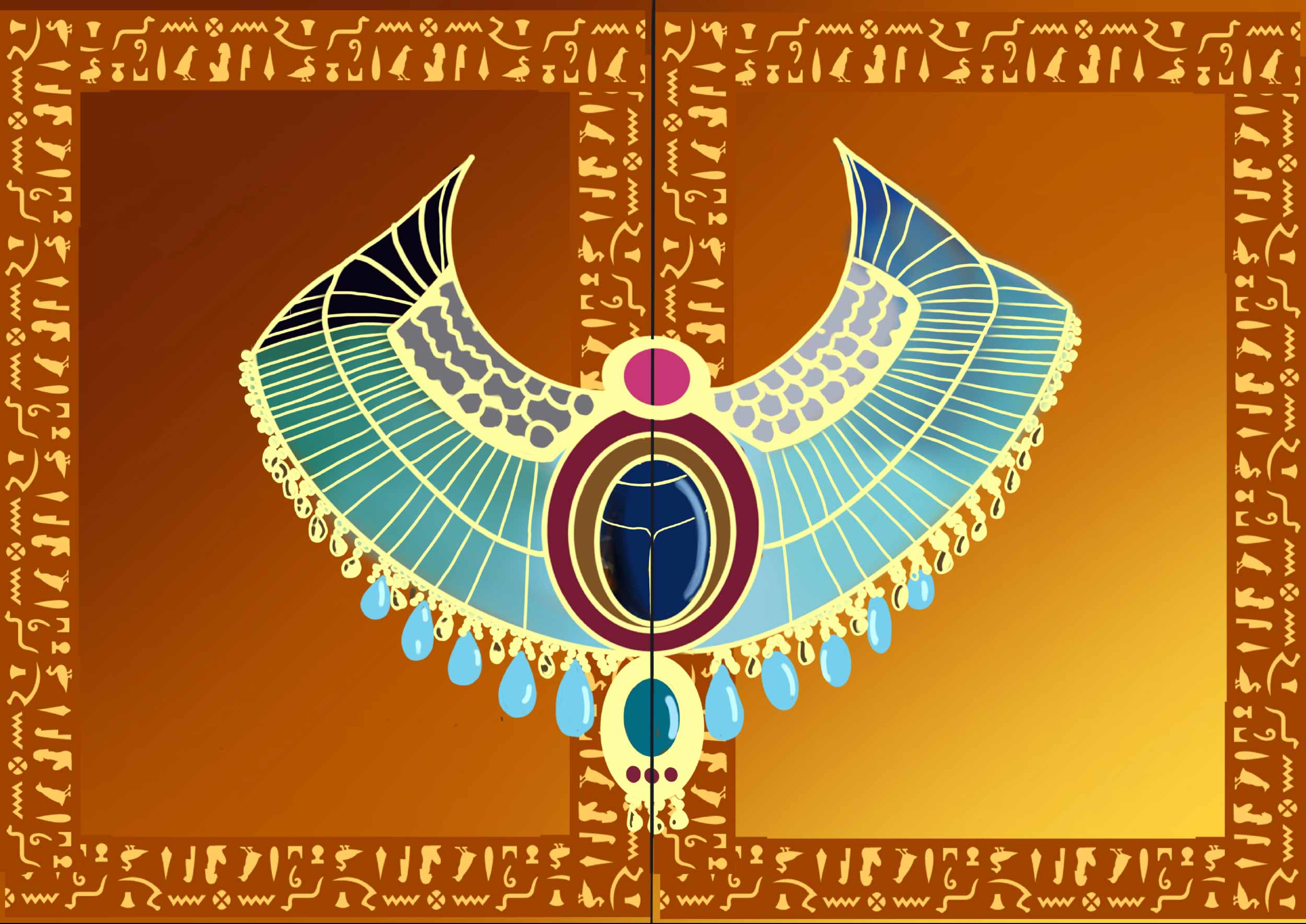 A digital illustration of a decorative blue and yellow Egyptian necklace. The background is a gradient of brown to yellow and feature hieroglyphics around the edge of the image.