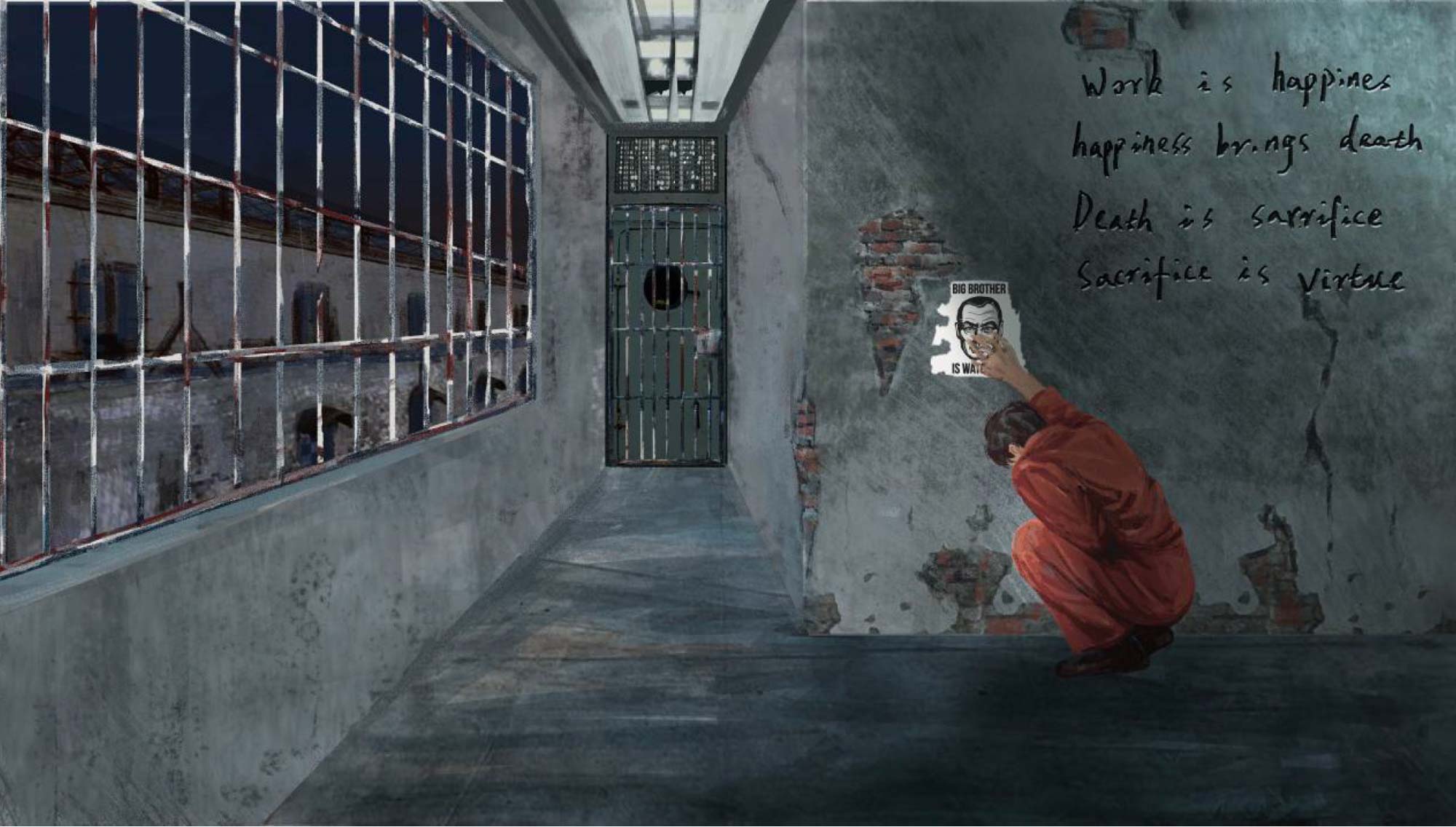 A digital illustration showing a man in an orange jumpsuit. He is crouched down against a wall in a dark space that looks like a prison. How hand is placed onto of a poster that shows a face with the words 'big brother is watching'.