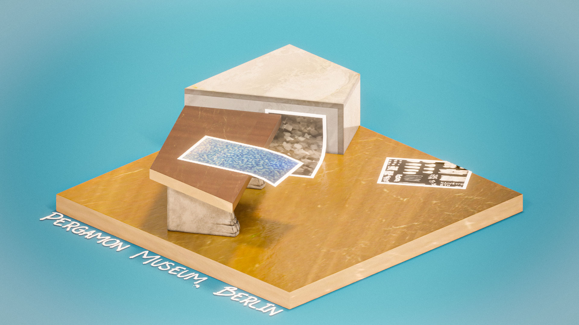 Digital rendering of a wooden board with a small architectural model made from wood and stone. A playing card is hanging from a piece of wood and two other images are visible on the base boards surface. The words Pergamon Museum, Berlin are written in front of the model.