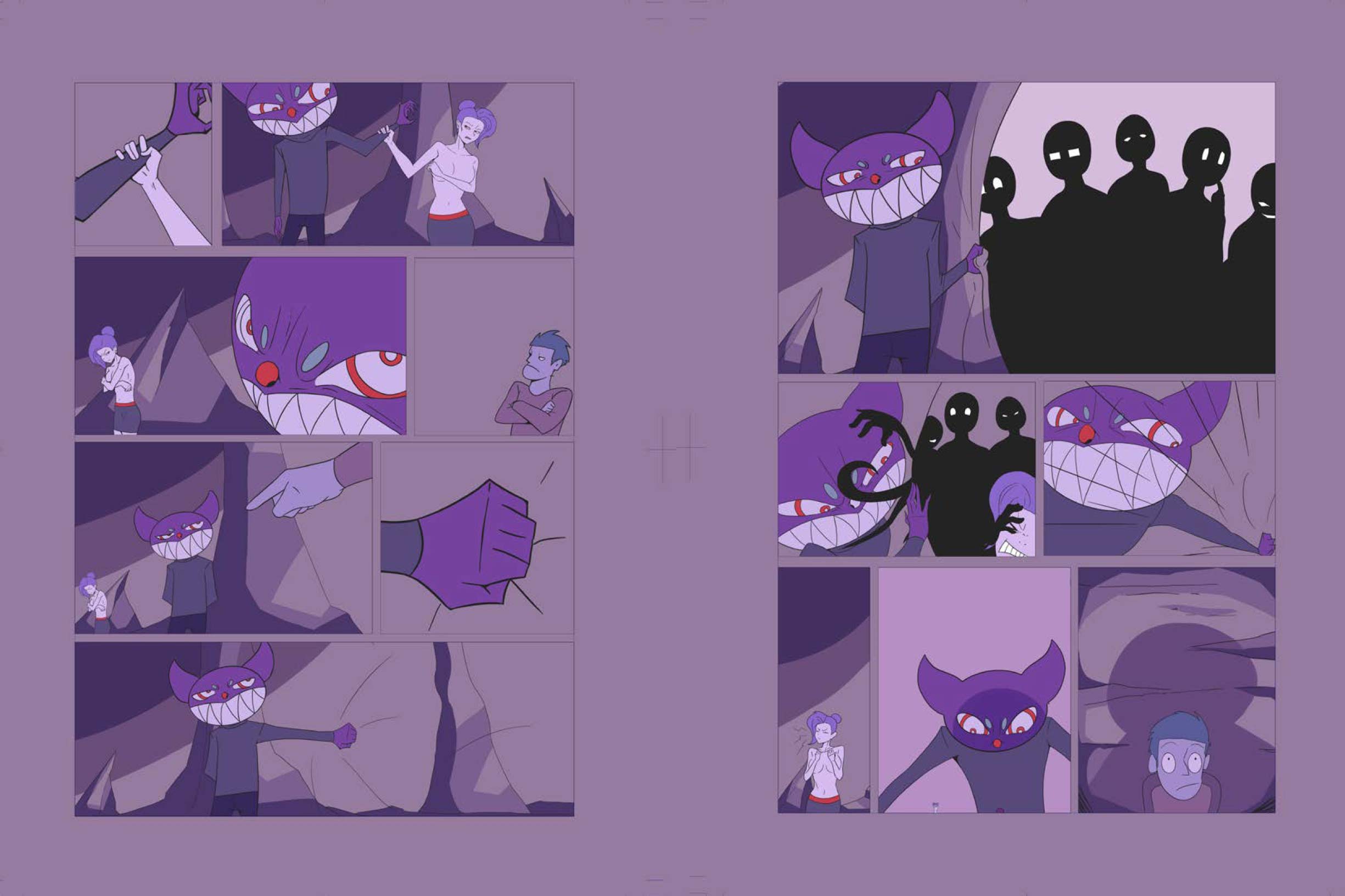 Two pages of comic are shown. The image is a digital illustration and is made using only the colours purple, red and black. The comic shows a demon like character pulling back a curtain to reveal an unidentified audience that appear as black sillohettes