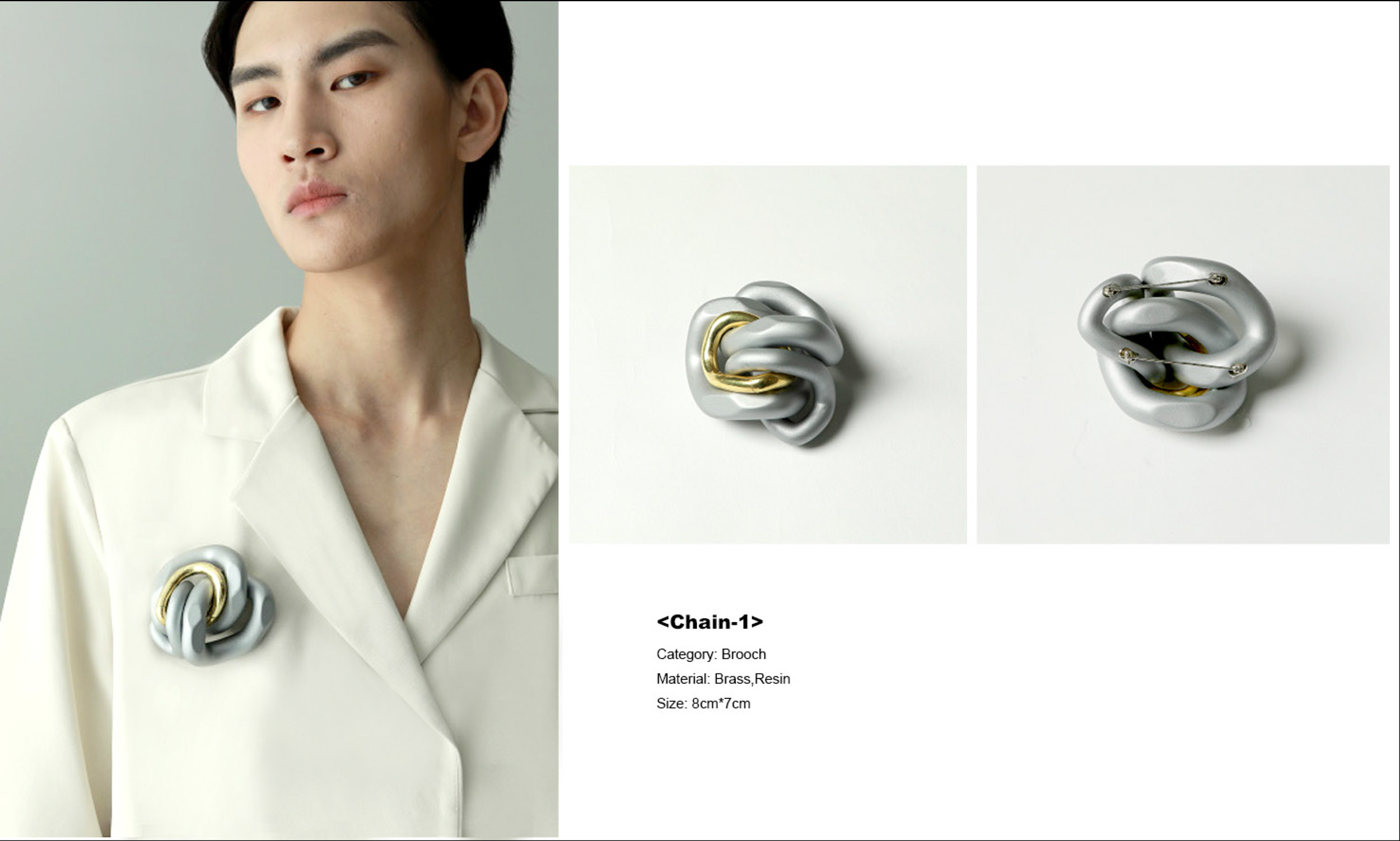 A photograph of a male model wearing a white blazer with a large metal looking chain broach. The model is a young Chinese man. The image also features two additional photographs of metal chain style broaches.