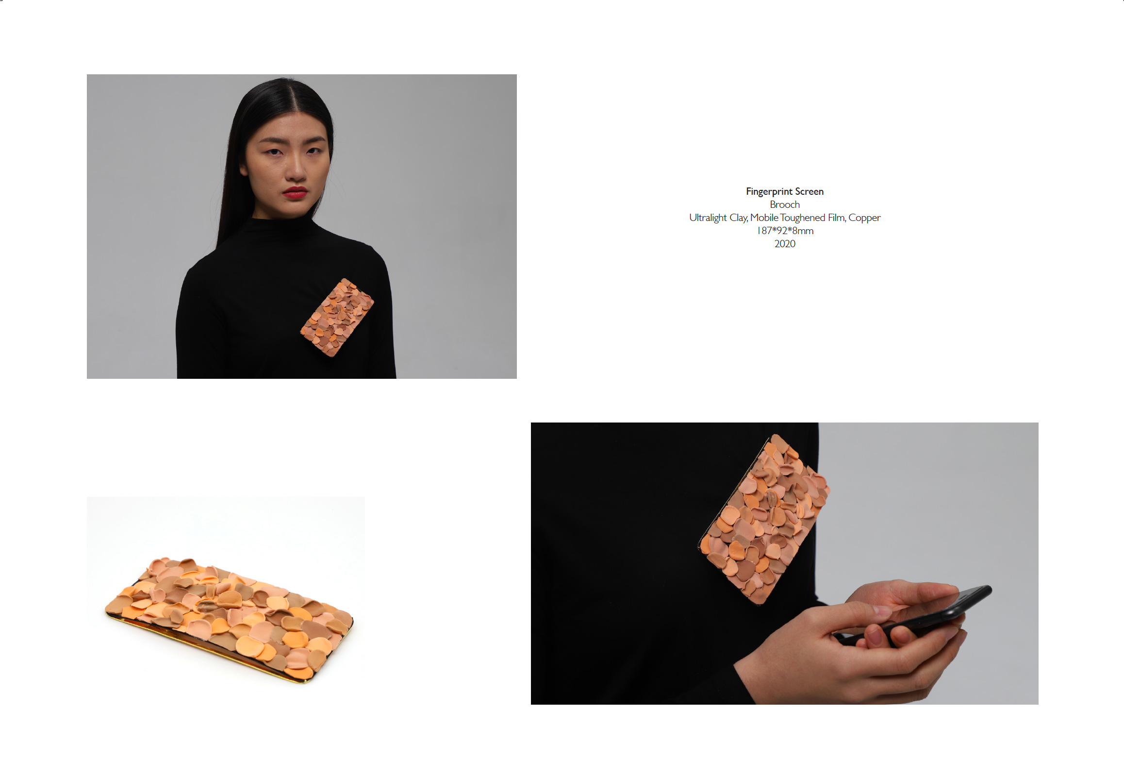 The image shows two photographs and an image of a broach. The photographs show a young Chinese woman with long black hair wearing a black jumper. She has a broach that is shaped like a mobile phone and is made of soft fabric circles in orange and copper colours. IN the second photo a close up shows some hands holding a mobile phone with the broach visible on the models top.
