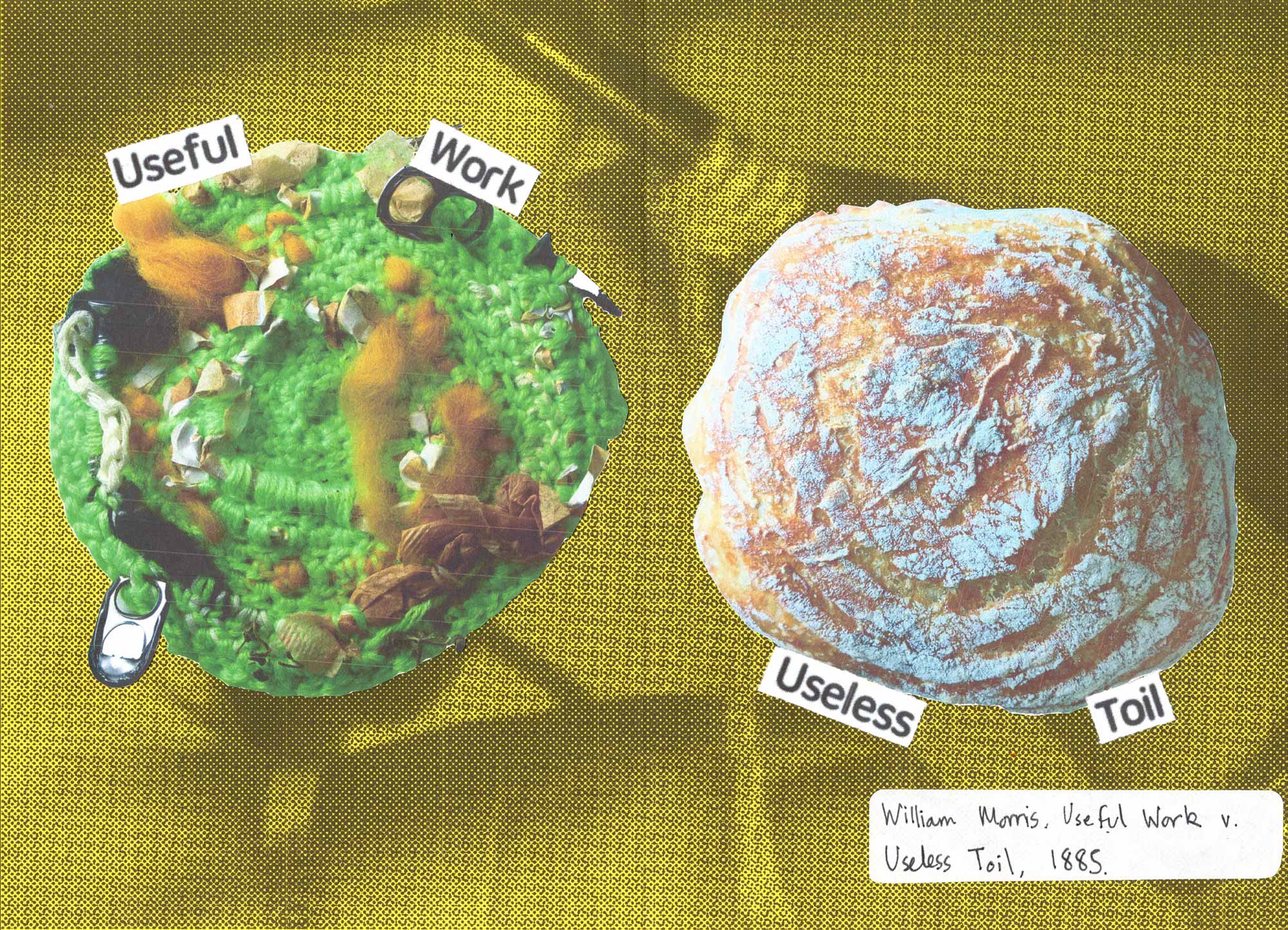 A yellow background with two circular objects. One is a knitted piece of fabric with ring pulls stitched into it. The words Useful Work are collaged on top. The other circular image shows a loaf of sourdough bread. The words useless toil are collaged below.