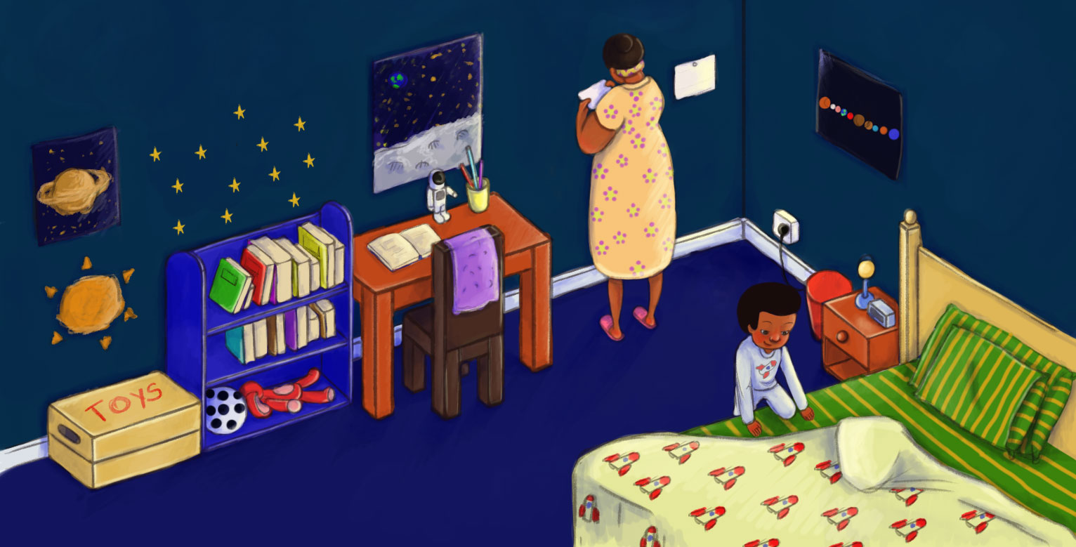 A digital illustration showing a small boy by his bed. His mum is facing the wall so all we can see is her back. The woman and young boy are both African-Caribbean. The scene shows a boys bedroom, it is dark blue and there is a small desk and chair with a book shelf to its left.