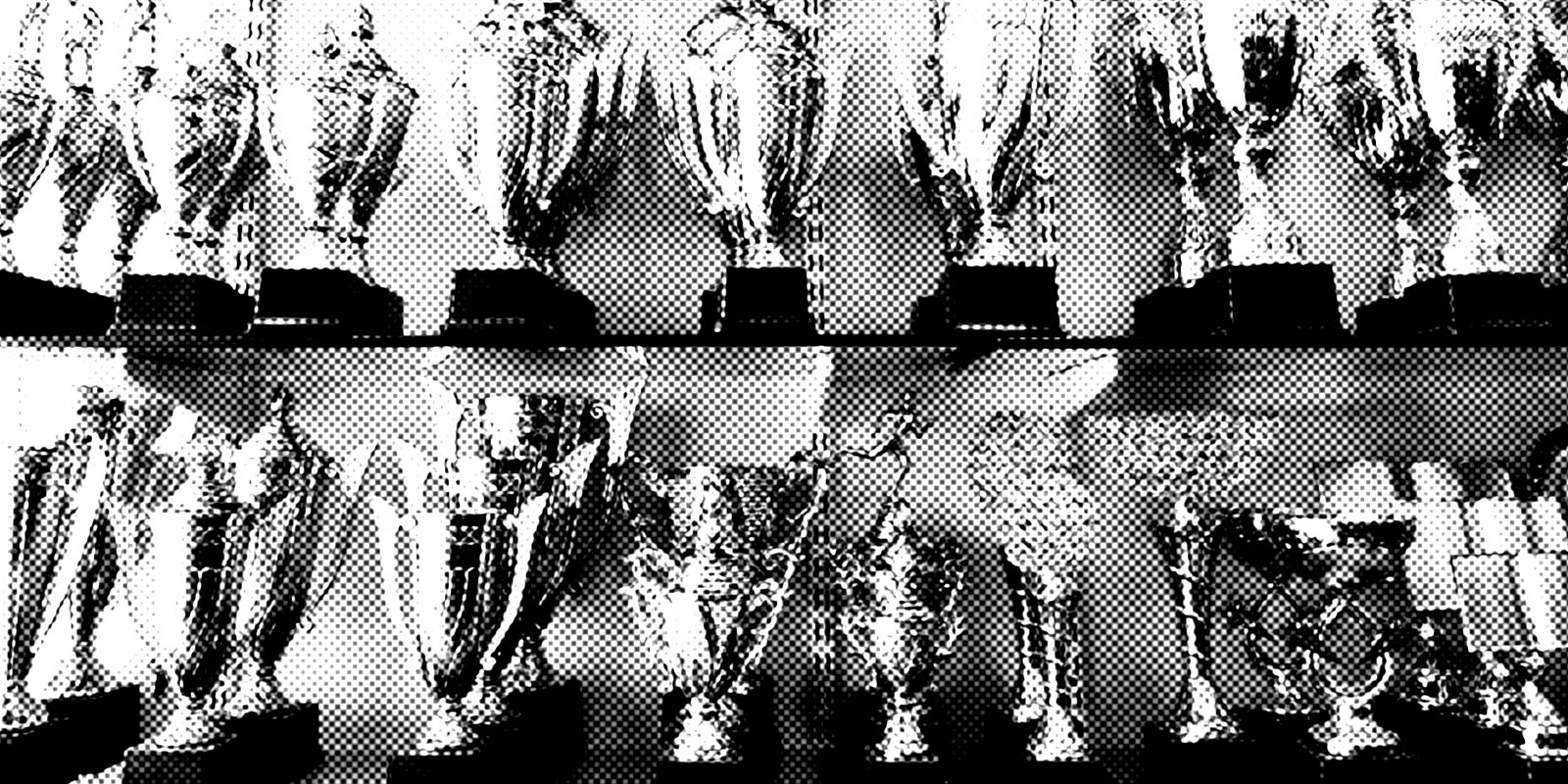 Black and white image of 2 shelves filled with trophies. The image has had a photocopy style effect applied.