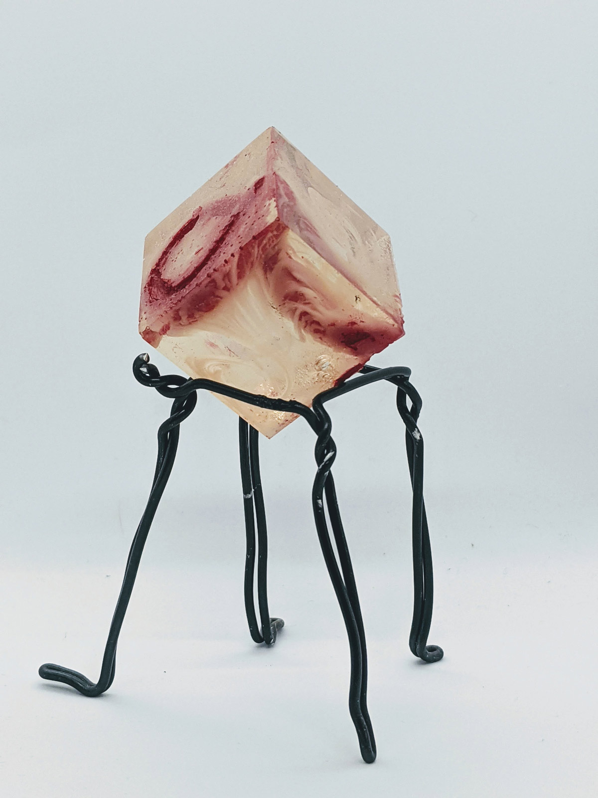 Resin cube with red paint inside to look like flesh on a metal stand